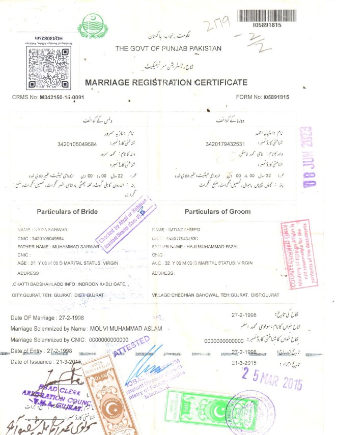 Marriage Registration Certificate Attestation from MoFA Islamabad